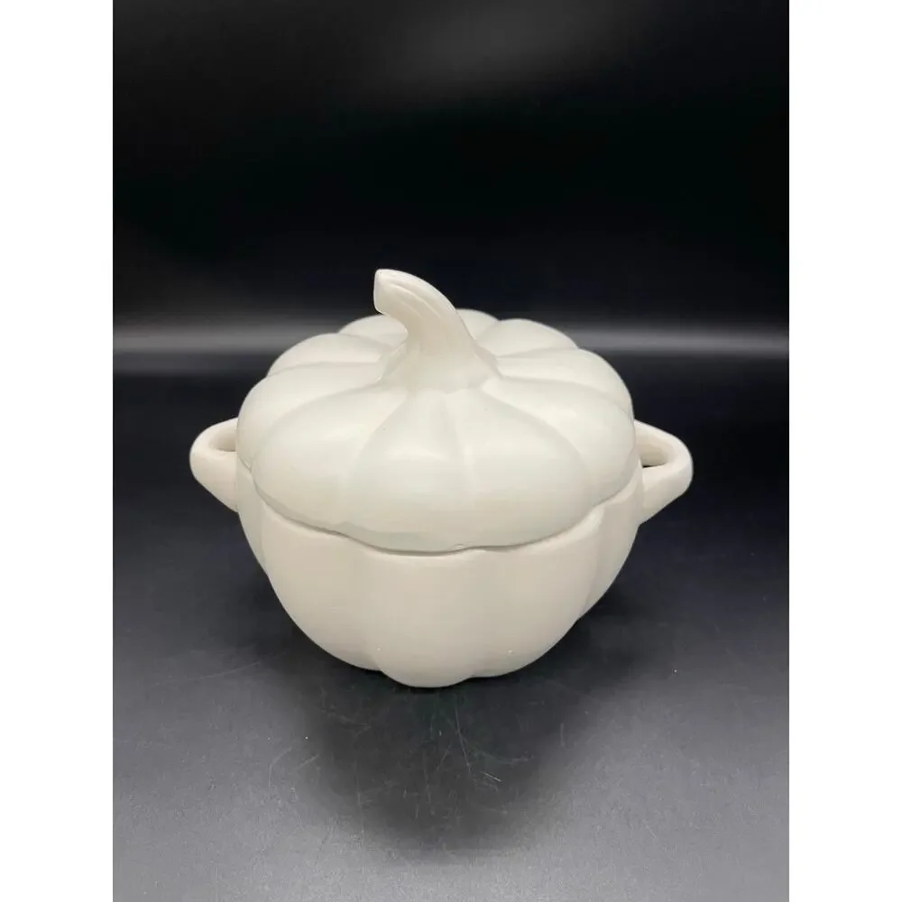 White Pumpkin Candy / Snack Ceramic Bowl with Lid 5.75